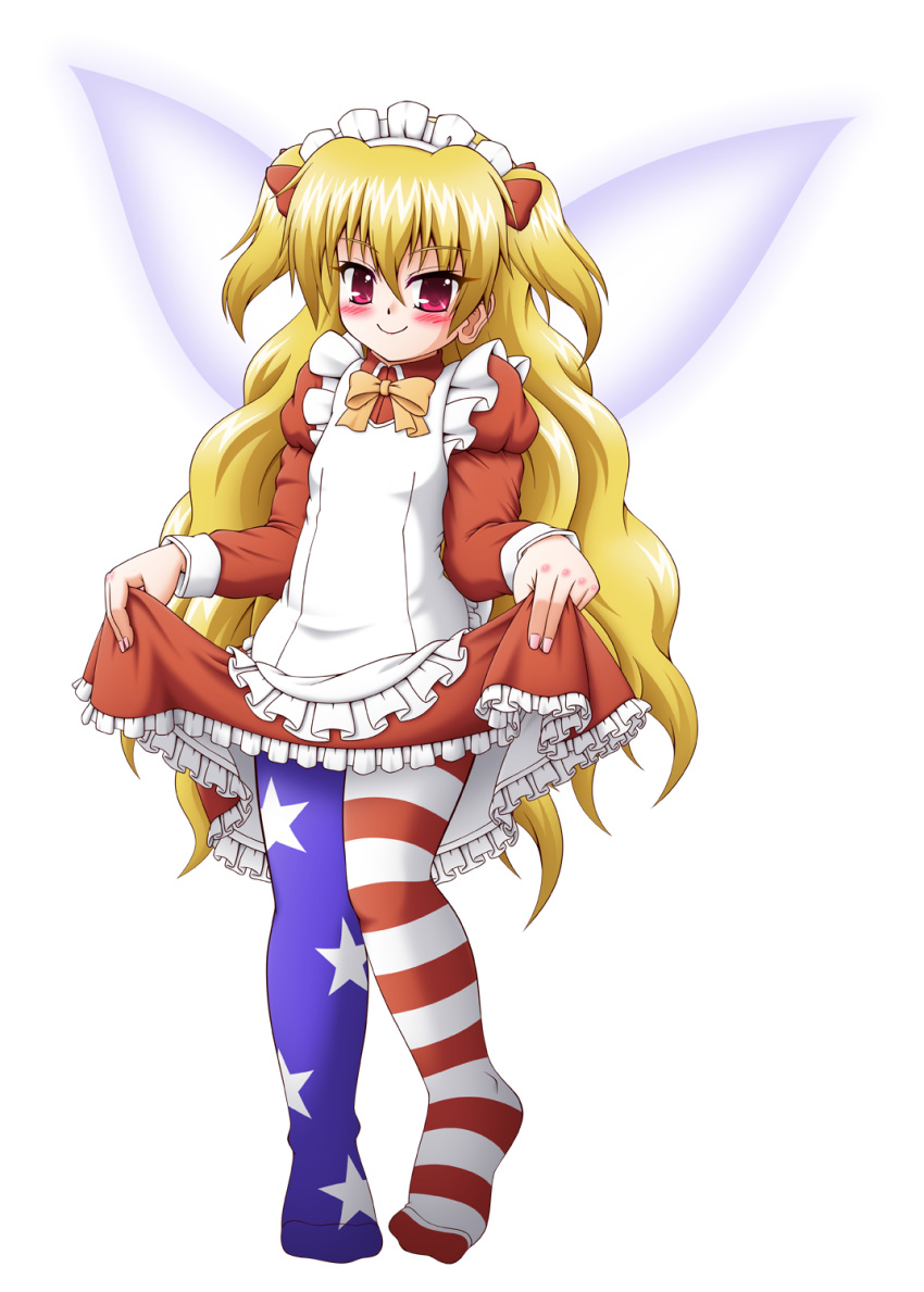 1girl, alternate_costume, alternate_hairstyle, american_flag, american_flag_legwear, american_flag_print, apron, asymmetrical_clothes