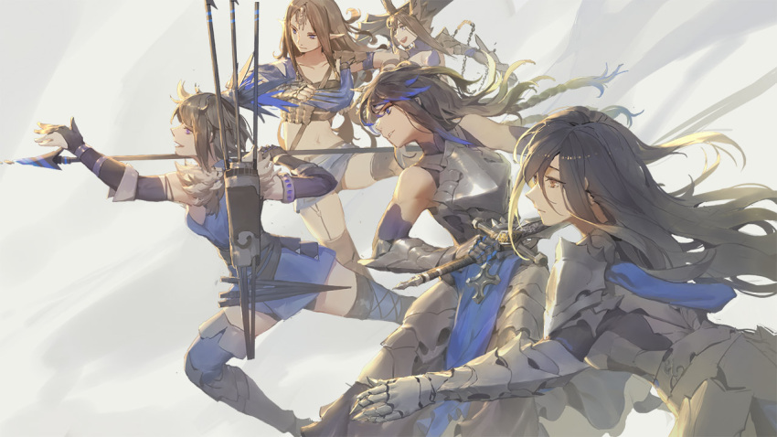 5girls, armor, battle, black_hair, elf, gods_(1073337800), greaves, long_hair