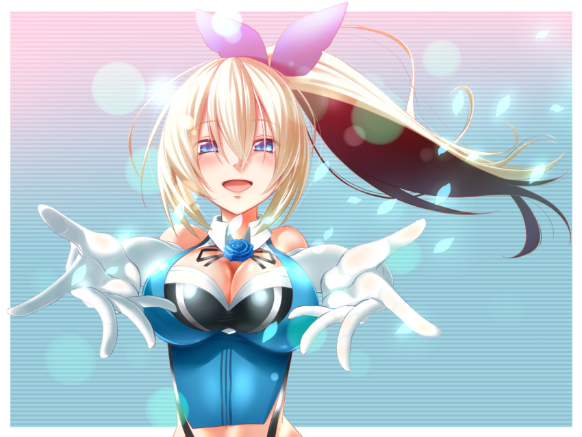 1girl, bare_shoulders, blonde_hair, blue_eyes, blue_flower, blue_rose, blush, breasts
