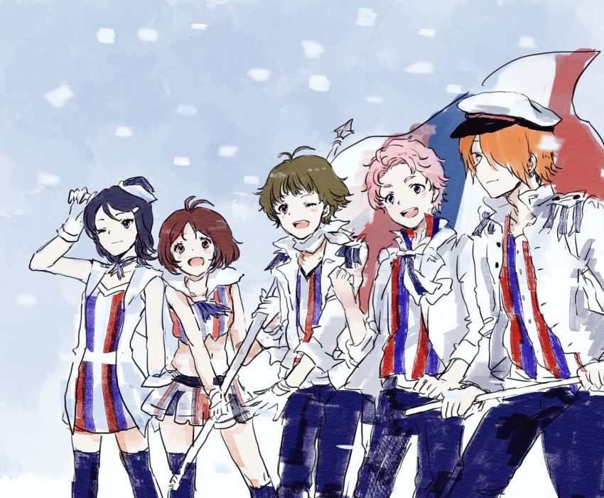 2girls, 3boys, adapted_costume, akizuki_ryou, antenna_hair, blue_eyes, blush, brown_hair