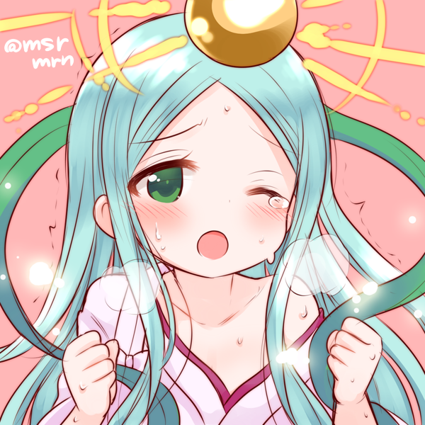 1girl, ;o, amaterasu_(p&amp;d), aqua_hair, bangs, bare_shoulders, blush, collarbone