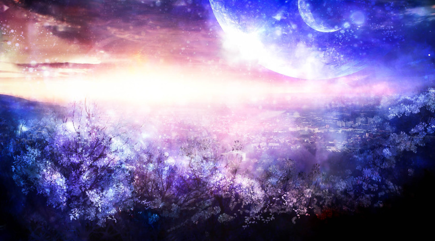 akyuun, building, cherry_blossoms, city, cityscape, clouds, commentary, highres, hill, horizon, lens_flare, light_particles, moon, nagoya_(city), no_humans, original, scenery, sky, tree, twilight