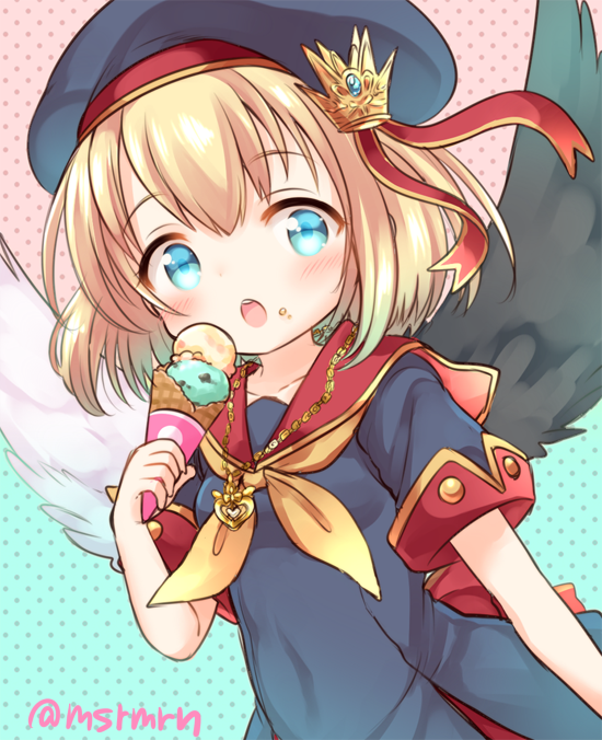 1girl, :o, asymmetrical_wings, bangs, beret, black_dress, black_hat, black_wings