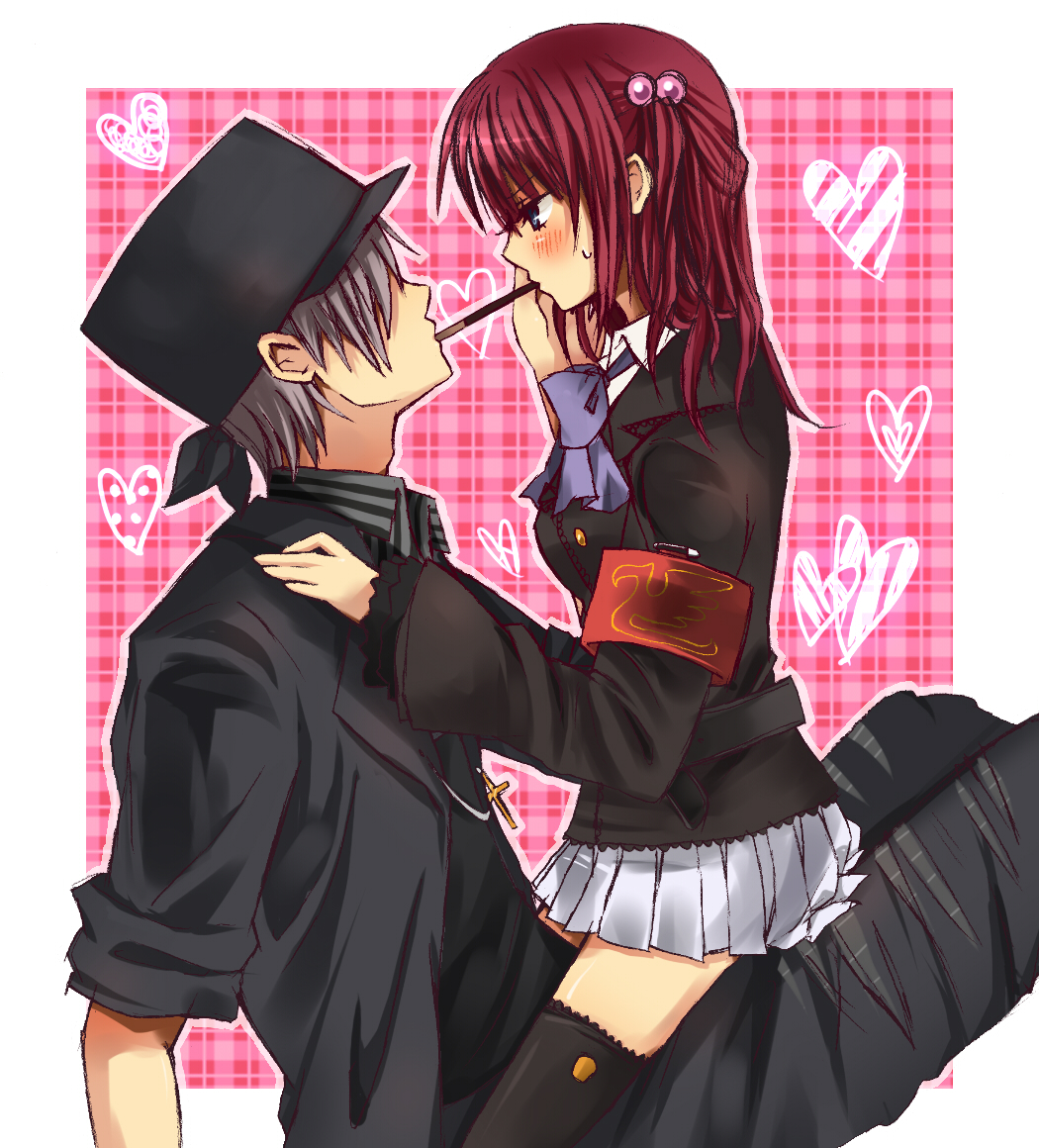 armband, blush, couple, hair_bobbles, hair_ornament, hat, hinase_haruka, jacket