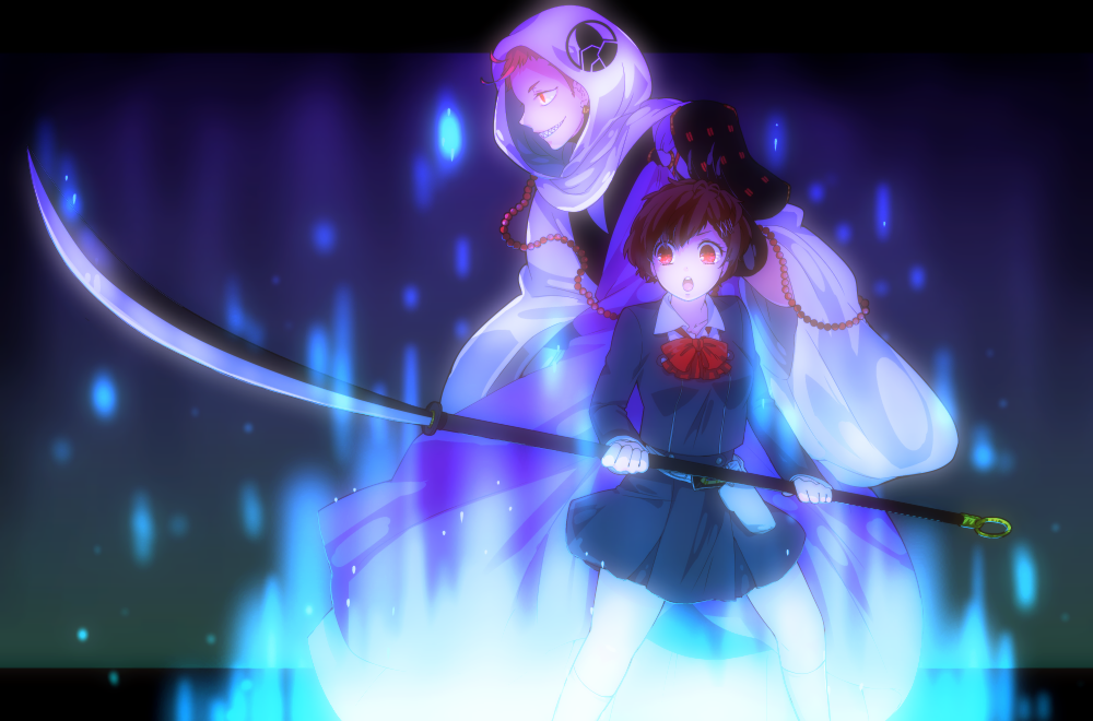 1boy, 1girl, :o, armor, beads, bow, brown_hair, crossover