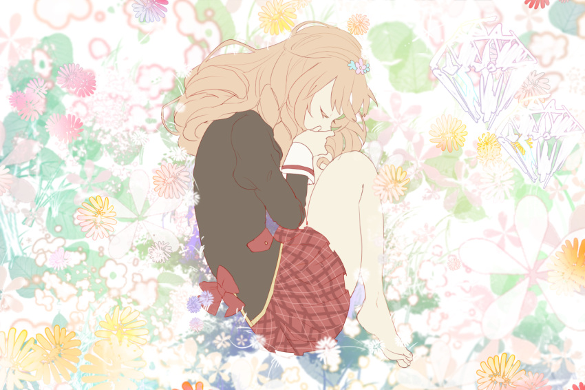 1girl, aikatsu!, bare_legs, brown_hair, closed_eyes, covering_mouth, diamond_(symbol), dream_academy_uniform