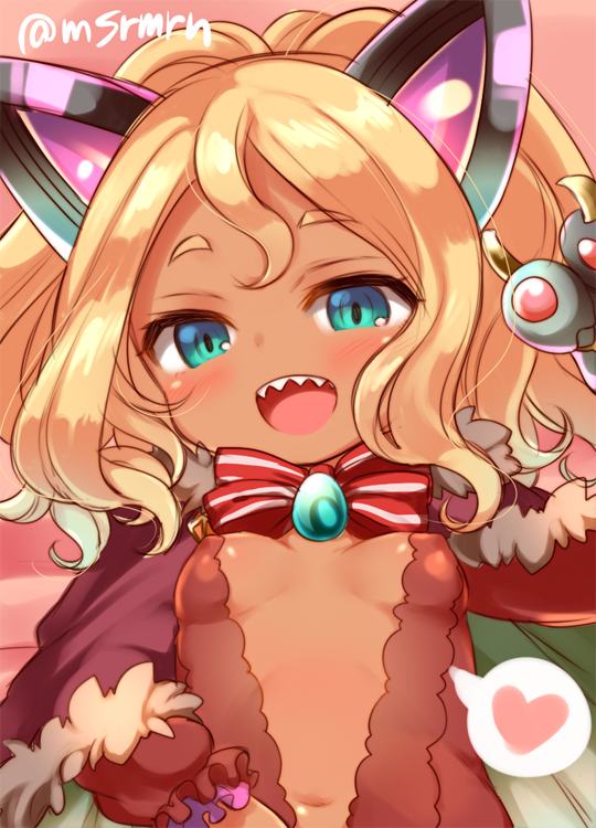 1girl, :d, animal_ears, arm_up, bangs, blonde_hair, blue_eyes, blush, breasts, capelet, dark_skin, denebola_(p&amp;d), dress, eyebrows_visible_through_hair, fake_animal_ears, from_below, fur-trimmed_capelet, fur_trim, head_tilt, heart, long_hair, long_sleeves, looking_at_viewer, looking_down, marshmallow_mille, navel, open_mouth, parted_bangs, purple_capelet, puzzle_&amp;_dragons, red_dress, sharp_teeth, small_breasts, smile, solo, spoken_heart, teeth, twitter_username
