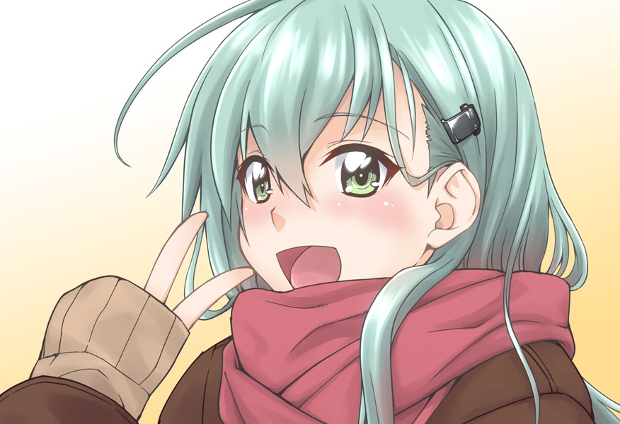 1girl, aqua_hair, blush, close-up, gradient, gradient_background, green_eyes, hair_between_eyes, hair_ornament, hairclip, kantai_collection, long_hair, long_sleeves, looking_at_viewer, mikagami_sou, open_mouth, pink_scarf, scarf, school_uniform, sleeves_past_wrists, solo, suzuya_(kantai_collection), v