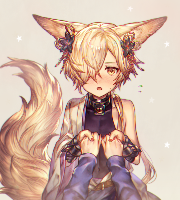 1boy, animal_ears, blonde_hair, blush, collar, commentary_request, cuffs, erun_(granblue_fantasy)