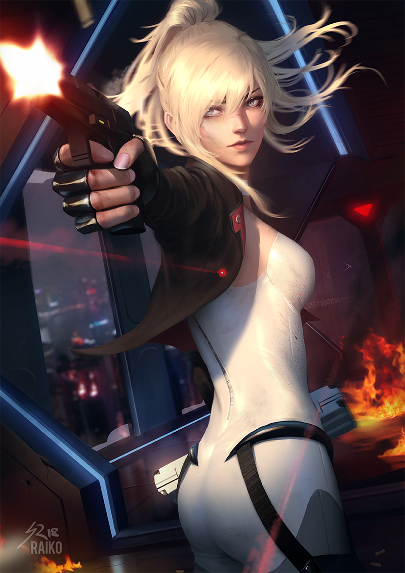 1girl, back, bangs, black_gloves, black_jacket, blonde_hair, blue_eyes, breasts