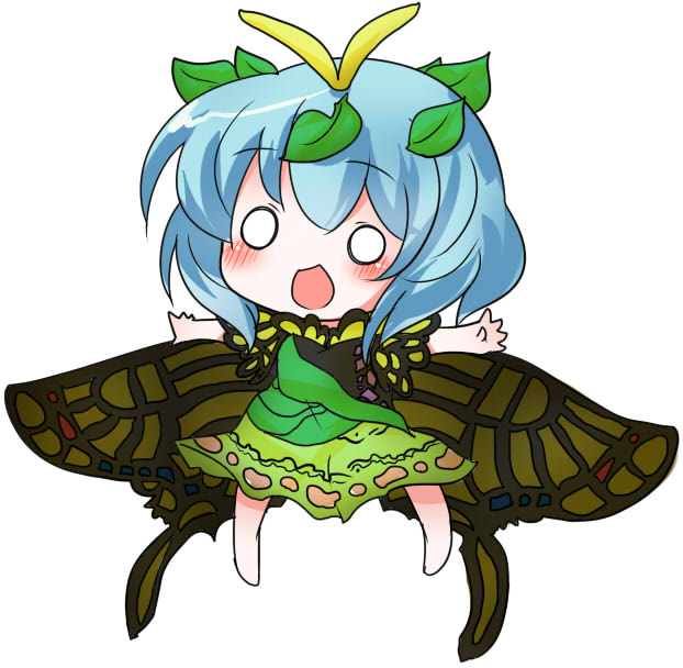 1girl, :d, antennae, bangs, bare_arms, blue_hair, blush, butterfly_wings