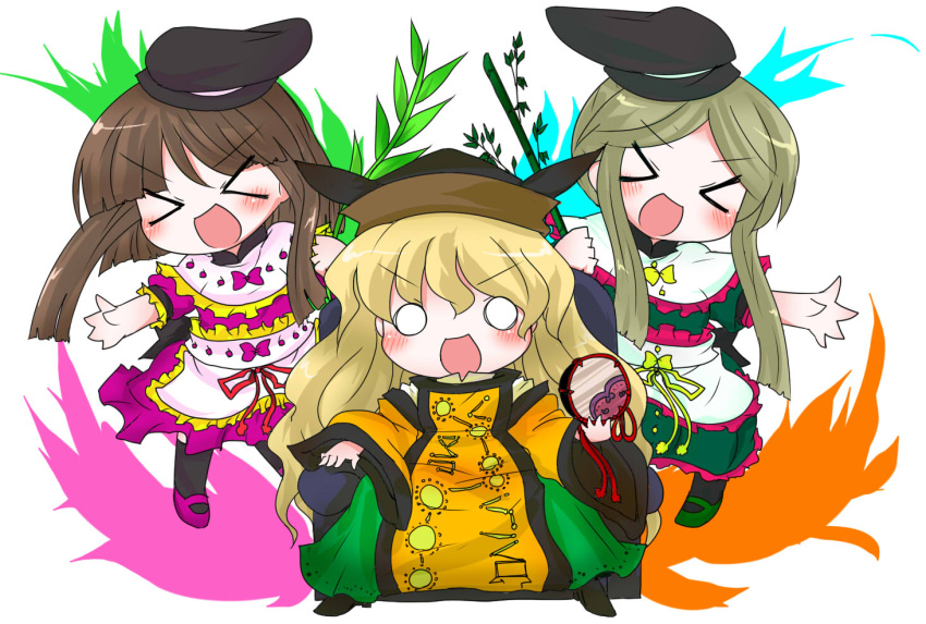 >_<, 3girls, :d, apron, bamboo, bamboo_shoot, bangs, black_footwear