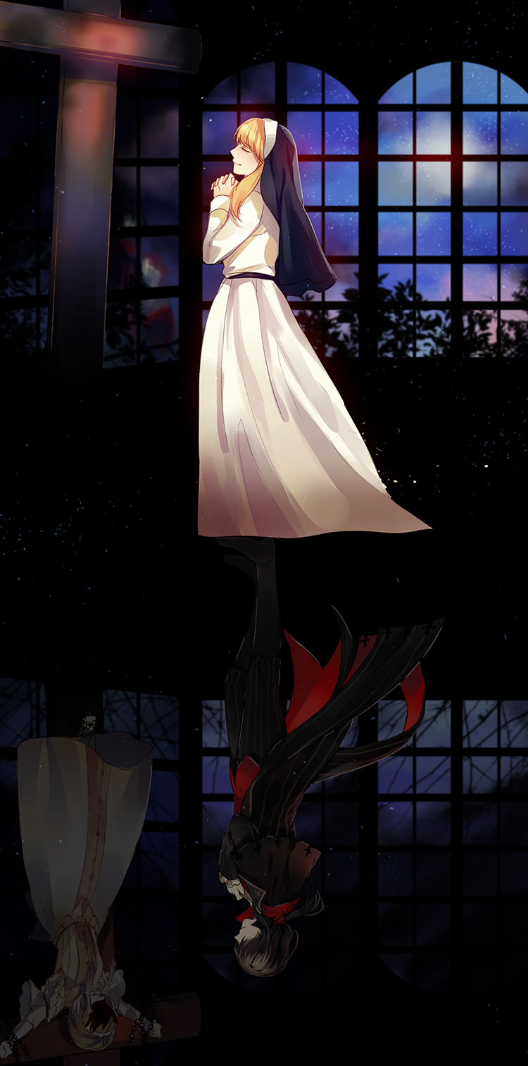 1boy, 1girl, black_hair, blonde_hair, closed_eyes, cross, crucifixion, dress