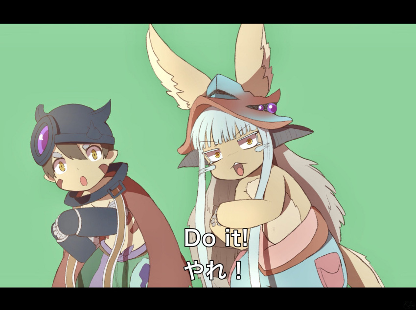 1boy, 1girl, animal_ears, brown_hair, cape, collar, ears_through_headwear, english