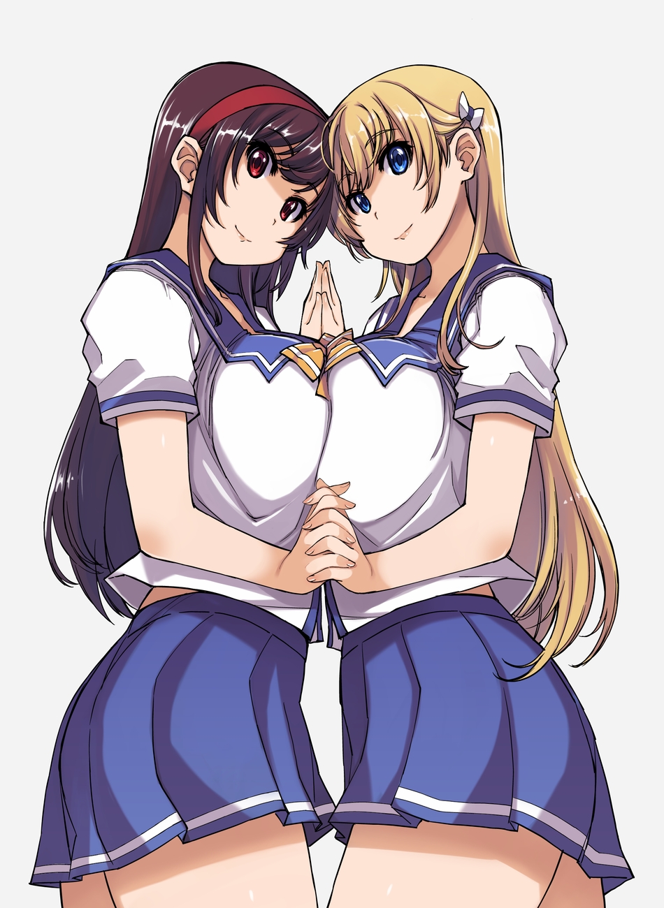 2girls, bag, bangs, blue_eyes, breast_press, breasts, brown_hair, cellphone