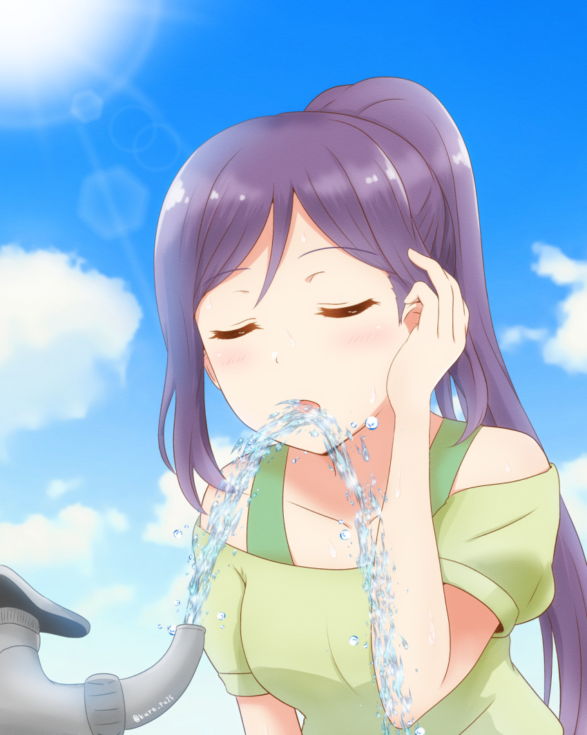 1girl, bangs, blue_hair, blue_sky, closed_eyes, clouds, collarbone, day, drinking, drinking_fountain, eyebrows_visible_through_hair, hair_tucking, highres, kousaka_kure, lens_flare, long_hair, love_live!, love_live!_sunshine!!, matsuura_kanan, open_mouth, outdoors, ponytail, purple_hair, sidelocks, sky, solo, sweat, twitter_username, upper_body