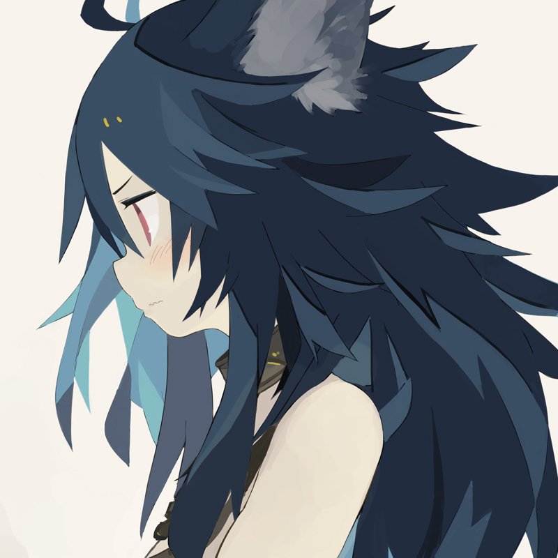 1girl, ahoge, animal_ears, bare_shoulders, blue_hair, blush, closed_mouth, collar