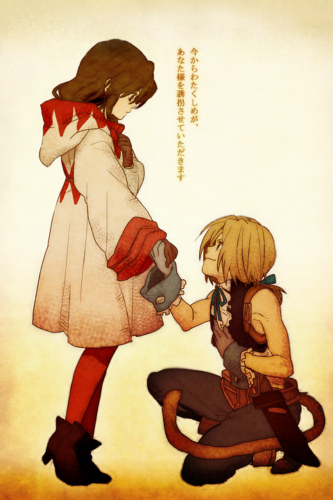 1boy, 1girl, breasts, brown_eyes, brown_hair, commentary_request, dress, final_fantasy, final_fantasy_ix, garnet_til_alexandros_xvii, gloves, hand_holding, long_hair, pantyhose, sg2119, tail, white_mage, zidane_tribal