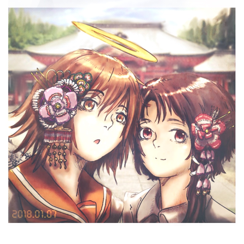 2girls, angel_wings, brown, brown_eyes, brown_hair, commentary_request, creator_connection, dated