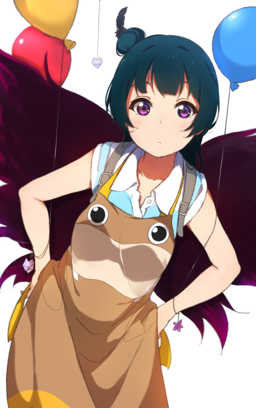 1girl, apron, balloon, bangs, blue_hair, bracelet, braid, feathers