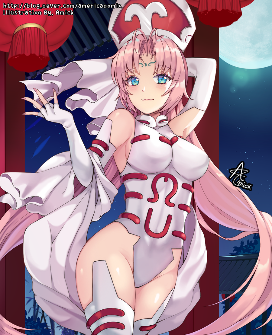 1girl, amick_(americanomix), blue_eyes, blush, breasts, cowboy_shot, elbow_gloves, facial_mark