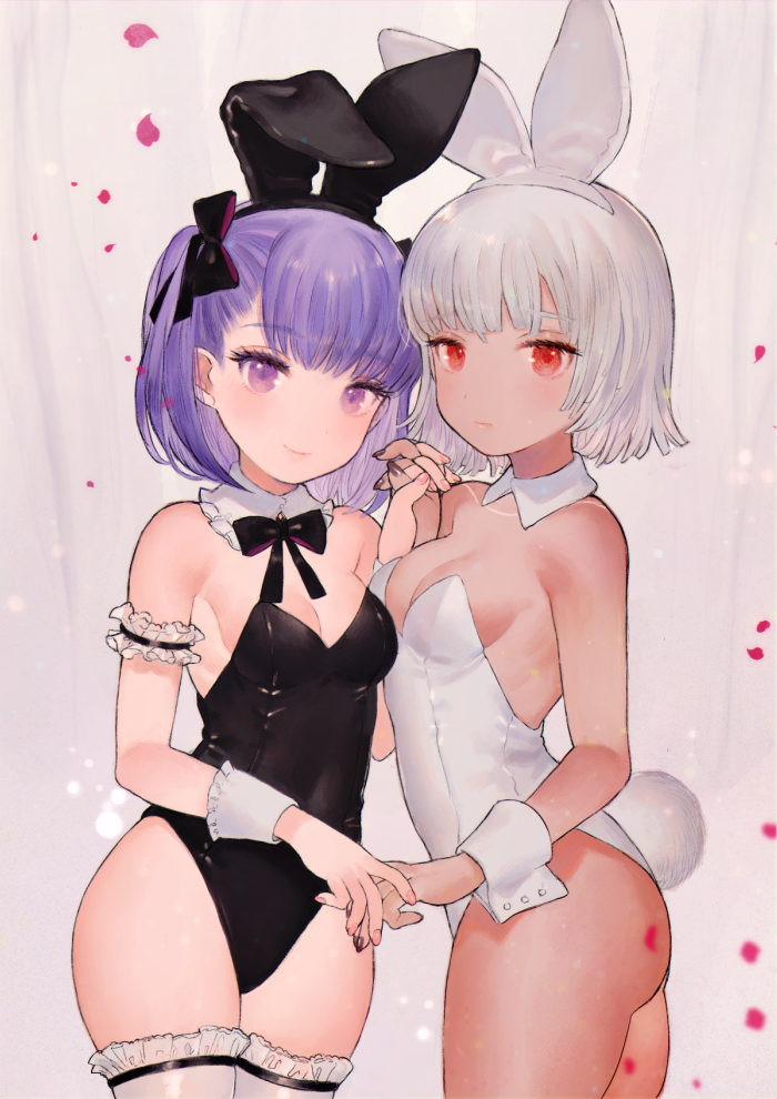 2girls, altera_(fate), animal_ears, bare_shoulders, black_bow, black_leotard, black_nails, blush