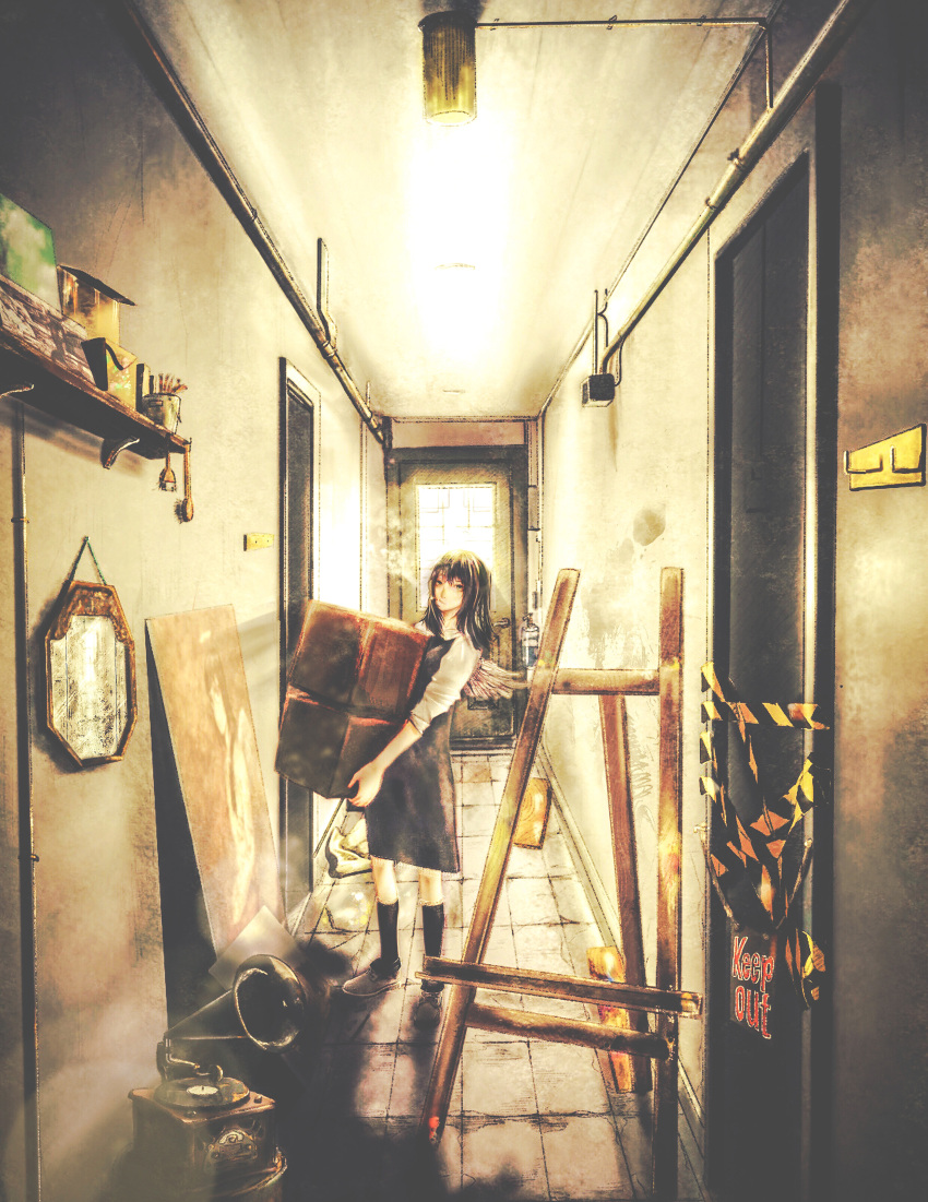 absurdres, backlighting, black_legwear, box, brown, carrying, caution_tape, cigarette