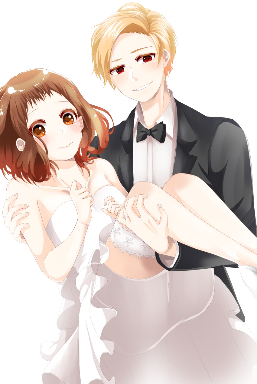 1boy, 1girl, absurdres, aida_miou, bare_shoulders, black_neckwear, blonde_hair, brown_eyes