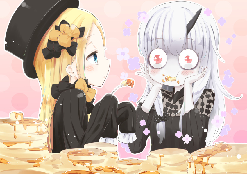 2girls, :t, abigail_williams_(fate/grand_order), anzu_yoshihiro, bangs, black_bow, black_dress, black_hat, blonde_hair, blue_eyes, blush, bow, butter, commentary_request, dress, eating, eyebrows_visible_through_hair, fate/grand_order, fate_(series), feeding, food, food_in_mouth, fork, hair_between_eyes, hair_bow, hands_on_own_cheeks, hands_on_own_face, hat, highres, holding, holding_fork, horn, lavinia_whateley_(fate/grand_order), long_hair, long_sleeves, multiple_girls, orange_bow, pancake, parted_bangs, parted_lips, pink_background, polka_dot, polka_dot_background, profile, red_eyes, silver_hair, sleeves_past_wrists, very_long_hair