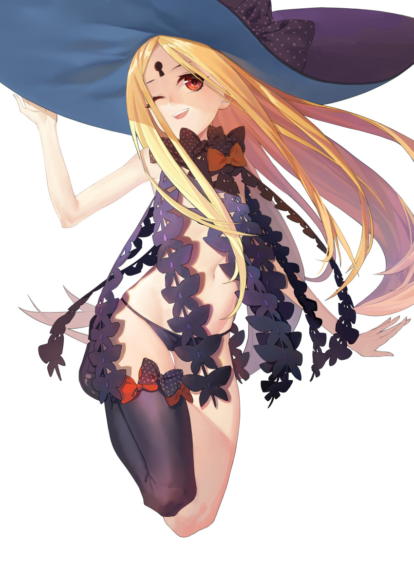 1girl, ;d, abigail_williams_(fate/grand_order), absurdres, bangs, black_bow, black_footwear, black_hat