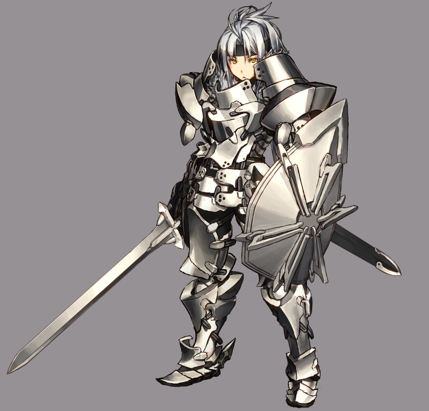 1girl, armor, boots, brown_eyes, full_body, grey_background, grey_hair, headband