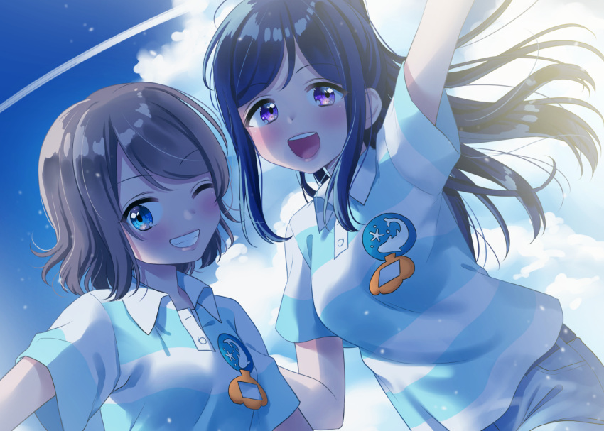2girls, :d, arm_up, blue_eyes, blue_hair, condensation_trail, dolphin_print, grey_hair