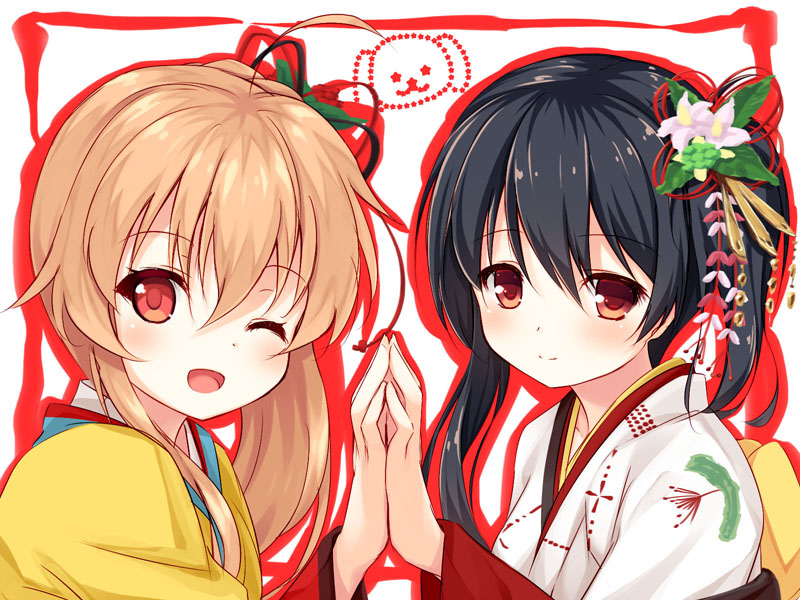 2girls, ;d, bangs, black_hair, blush, closed_mouth, commentary_request, eyebrows_visible_through_hair, fingernails, flower, flower_knight_girl, hair_between_eyes, hair_flower, hair_ornament, hands_together, japanese_clothes, kimono, light_brown_hair, long_hair, long_sleeves, looking_at_viewer, manryou_(flower_knight_girl), multiple_girls, one_eye_closed, open_mouth, pink_flower, print_kimono, red_eyes, red_flower, senryou_(flower_knight_girl), smile, white_kimono, wide_sleeves, yellow_kimono, yuku_(kiollion)