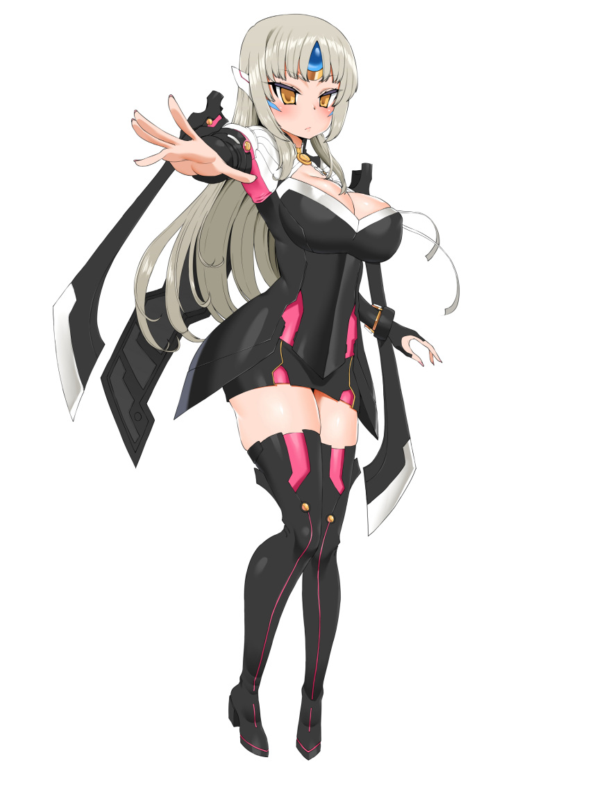 1girl, absurdres, black_legwear, blush, boots, breasts, cleavage, elsword