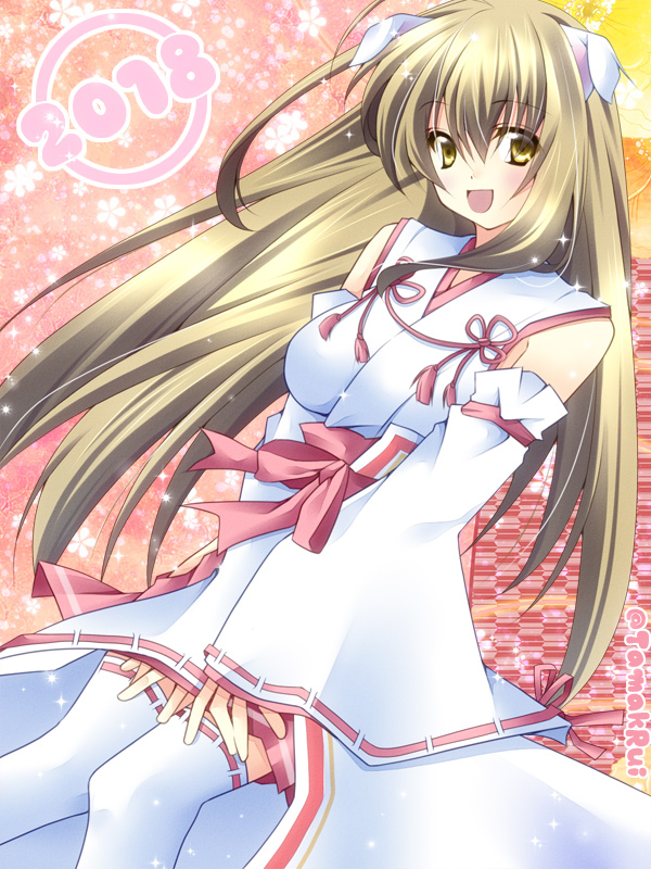 1girl, 2018, :d, animal_ears, bow, brown_eyes, detached_sleeves, dog_ears, japanese_clothes, light_brown_hair, long_hair, looking_at_viewer, miko, open_mouth, pink_bow, sennen_sensou_aigis, smile, solo, soma_(sennen_sensou_aigis), standing, tamak_rui, thigh-highs, white_legwear
