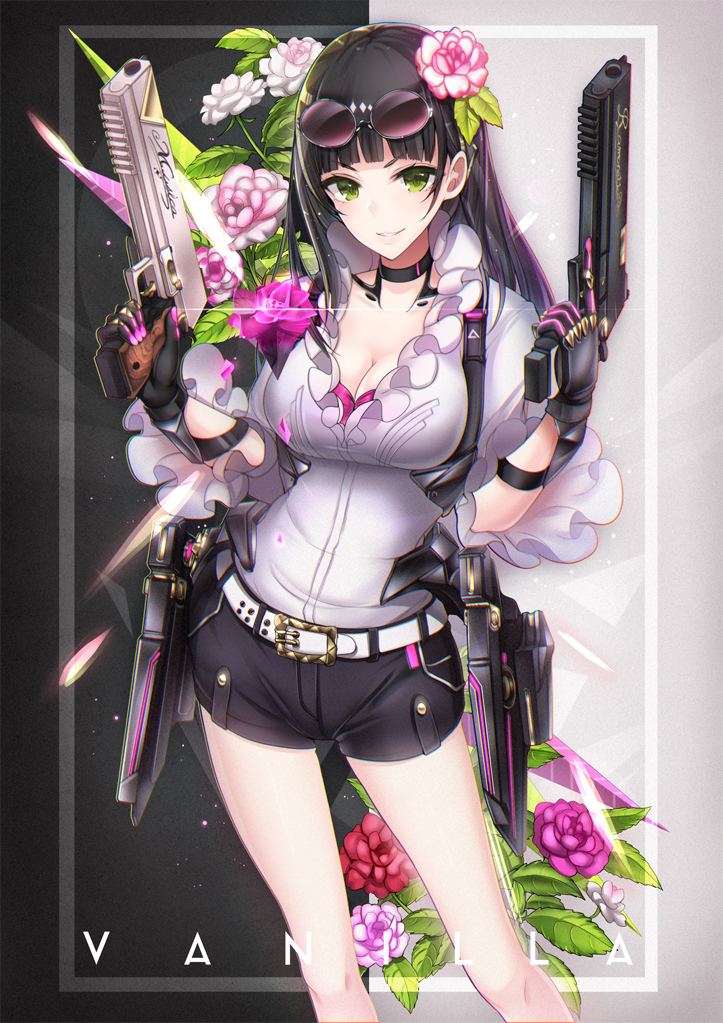 1girl, black_hair, breasts, choker, cleavage, collarbone, dual_wielding, eyewear_on_head