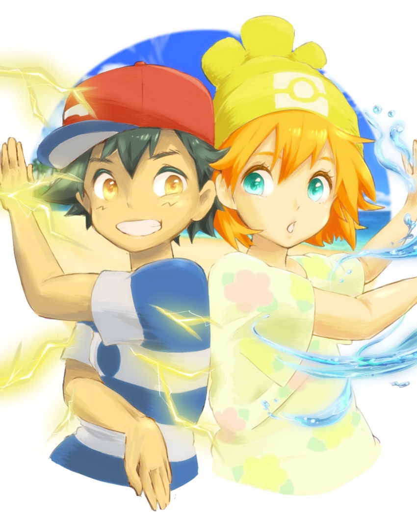1boy, 1girl, :o, back-to-back, baseball_cap, black_hair, blue_eyes, brown_eyes