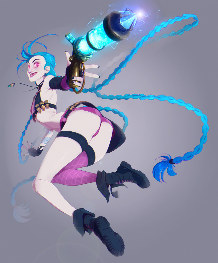 bikini_top, blue_hair, braid, breasts, bullet, fingerless_gloves, flat_chest, gloves