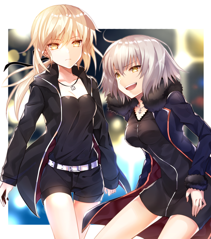 2girls, ahoge, aoi_sana, artoria_pendragon_(all), bangs, black_dress, black_jacket, black_ribbon