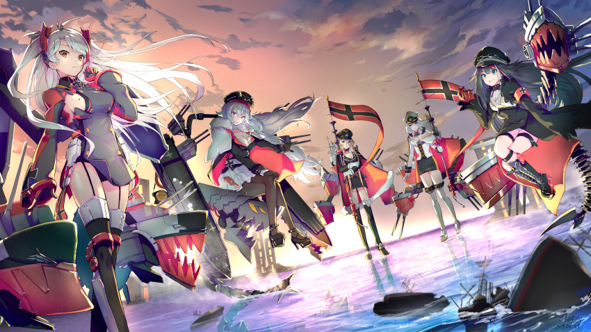 5girls, absurdres, aqua_eyes, azur_lane, bismarck_(azur_lane), black_gloves, black_hair, black_legwear, blonde_hair, blue_eyes, boots, breasts, canata_katana, cleavage, deutschland_(azur_lane), flag, fur_trim, garter_straps, gloves, goggles, goggles_on_headwear, graf_zeppelin_(azur_lane), grin, hair_ornament, hat, highres, legs_crossed, long_hair, long_sleeves, looking_at_viewer, machinery, military, military_uniform, mole, mole_on_breast, multicolored_hair, multiple_girls, pantyhose, pencil_skirt, pink_eyes, prinz_eugen_(azur_lane), red_gloves, redhead, sideboob, signature, silver_hair, sitting, skirt, sleeves_past_wrists, smile, standing, standing_on_liquid, streaked_hair, thigh-highs, tirpitz_(azur_lane), turret, two_side_up, uniform, white_gloves, yellow_eyes