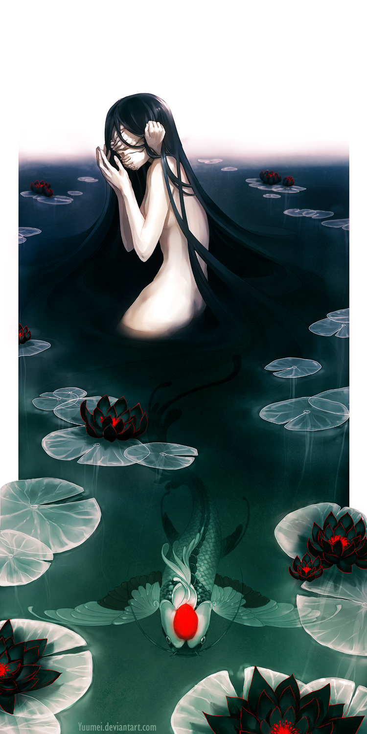 1girl, bird, black_hair, commentary_request, covered_face, crane_(animal), creepy, curse, deviantart_username, extra_arms, fish, flower, hands_up, highres, koi, lake, long_hair, lotus, nude, original, pale_skin, solo, very_long_hair, water_surface, wenqing_yan