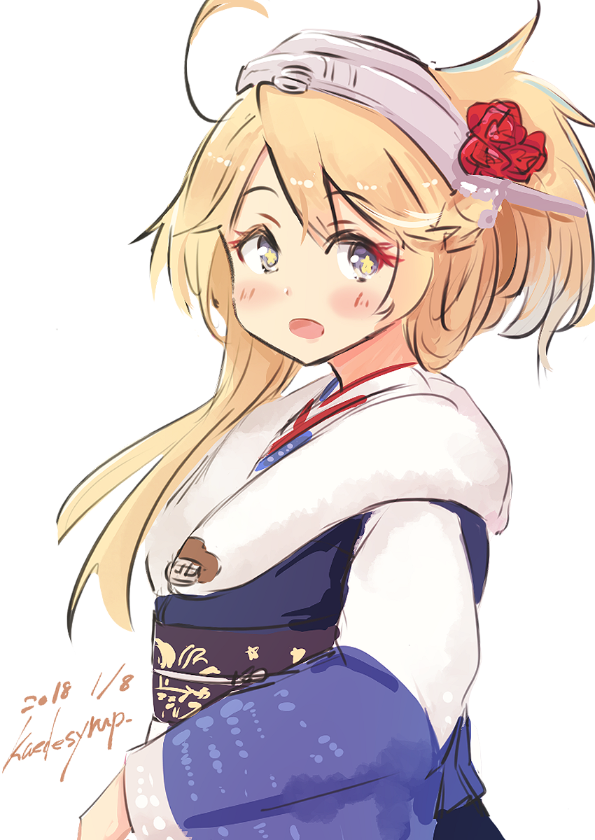 1girl, blonde_hair, blue_eyes, blue_kimono, cowboy_shot, dated, flower, fur_trim