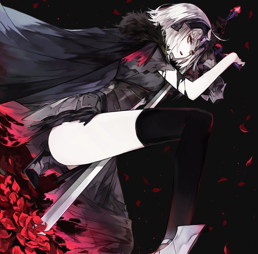 1girl, armor, black_background, black_cape, black_legwear, boots, cape, closed_mouth, fate/grand_order, fate_(series), faulds, feet_out_of_frame, from_side, fur_trim, gauntlets, holding, holding_sword, holding_weapon, jeanne_d'arc_(alter)_(fate), jeanne_d'arc_(fate)_(all), long_legs, long_sword, looking_at_viewer, mo_(mocopo), petals, short_hair, silver_hair, single_gauntlet, solo, sword, thigh-highs, torn_cape, underbust, weapon, yellow_eyes
