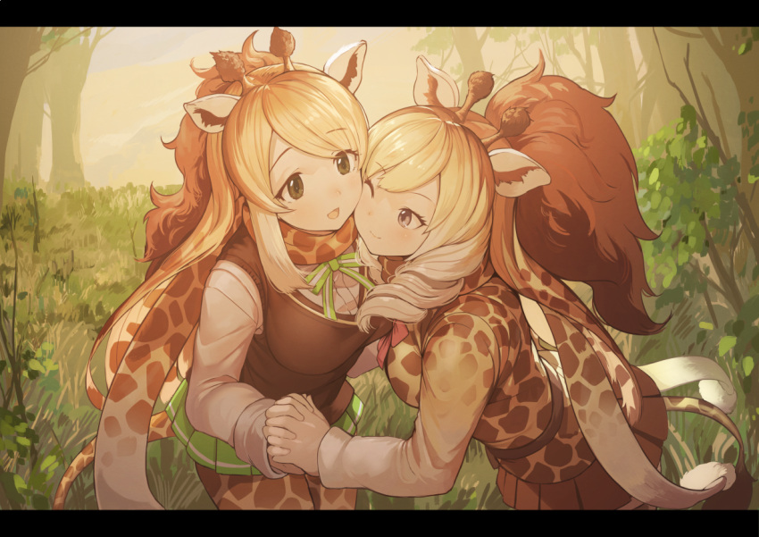 2girls, ;), animal_ears, blonde_hair, bow, bowtie, brown_hair, brown_skirt
