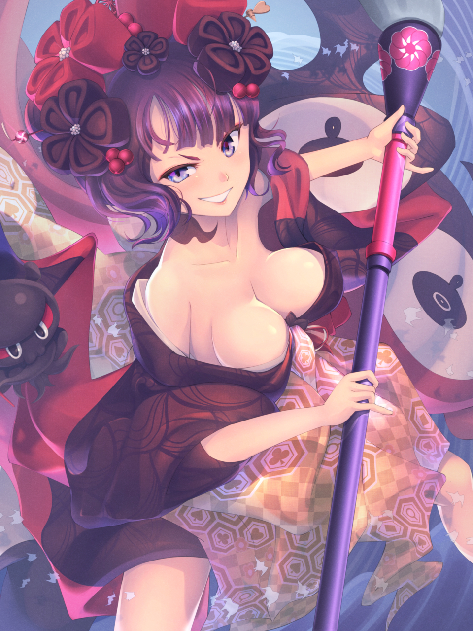 1girl, bare_shoulders, breasts, calligraphy_brush, cleavage, collarbone, commentary_request, fate/grand_order