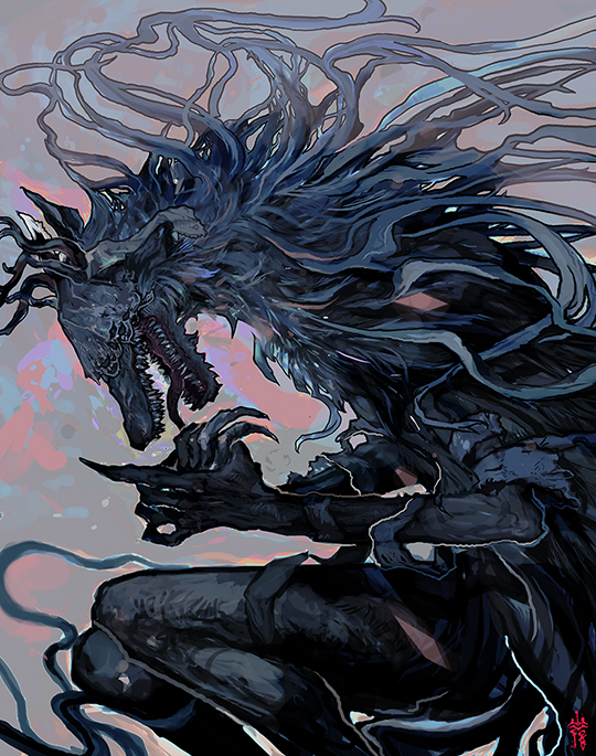 bloodborne, commentary, creepy, from_side, monster, open_mouth, own_hands_together, saprophilous