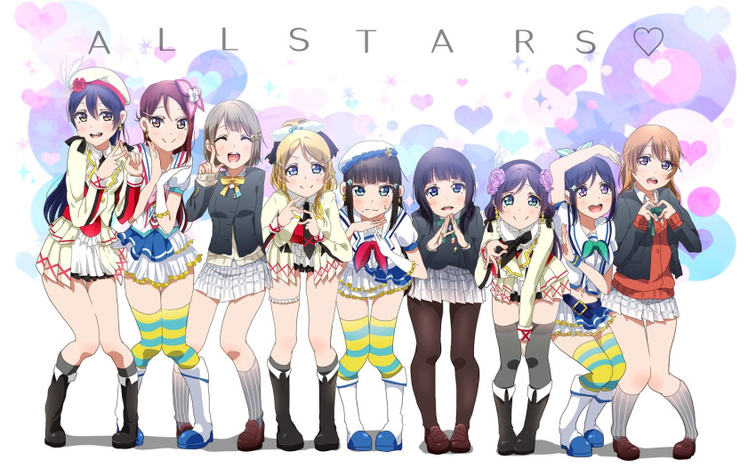 6+girls, aozora_jumping_heart, aqua_eyes, asaka_karin, ayase_eli, bangs, beret, black_hair, black_legwear, black_neckwear, blonde_hair, blue_eyes, blue_hair, blunt_bangs, blush, boots, closed_mouth, earrings, flower, gloves, hair_between_eyes, hair_flower, hair_ornament, hairclip, hat, idol, jewelry, konoe_kanata, kurosawa_dia, long_hair, long_sleeves, looking_at_viewer, love_live!, love_live!_school_idol_festival, love_live!_school_idol_project, love_live!_sunshine!!, matsuura_kanan, mole, mole_under_mouth, multiple_girls, nakasu_kasumi, open_mouth, panda_copt, pantyhose, perfect_dream_project, ponytail, purple_hair, redhead, sakurauchi_riko, school_uniform, scrunchie, short_hair, short_sleeves, skirt, smile, sonoda_umi, sore_wa_bokutachi_no_kiseki, striped, striped_legwear, text, thigh-highs, toujou_nozomi, twintails, violet_eyes, yellow_eyes