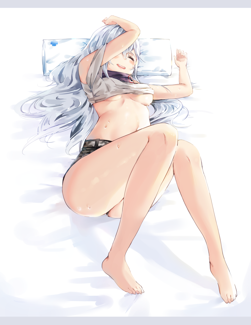 1girl, arm_on_head, ass, bangs, bare_legs, bed, bed_sheet, belt