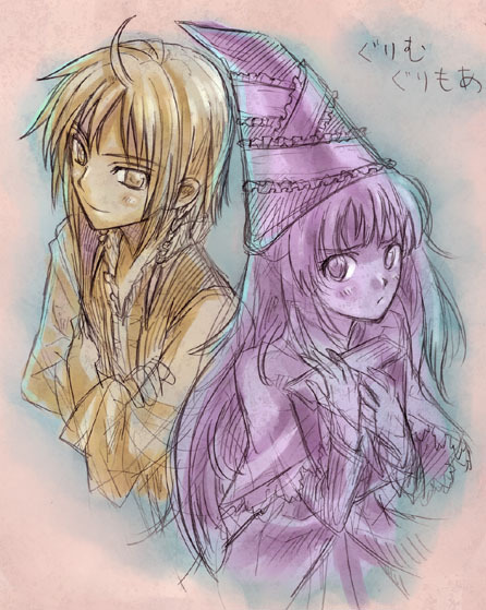 1boy, 1girl, ahoge, bartido_ballentyne, book, dress, grimgrimoire, hat