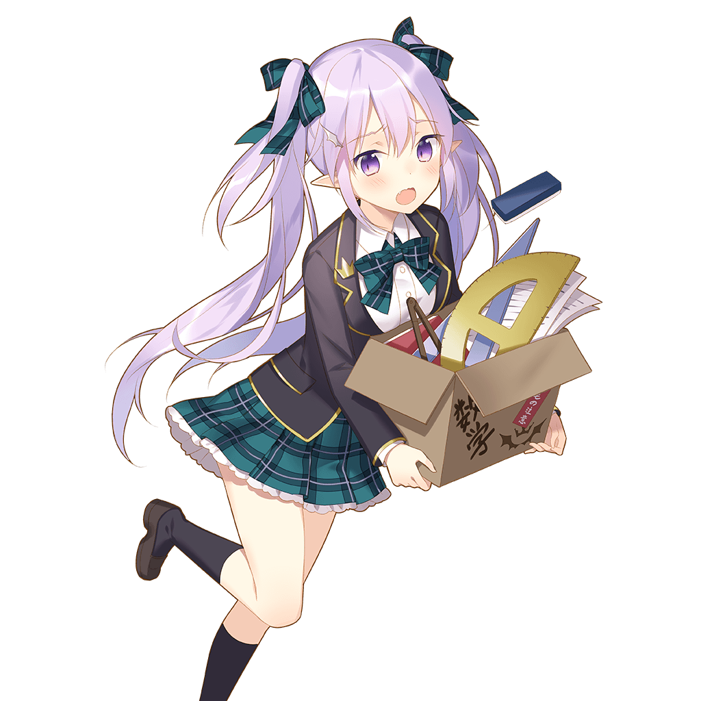 1girl, black_legwear, blazer, box, carrying, eraser, fang, hair_ribbon